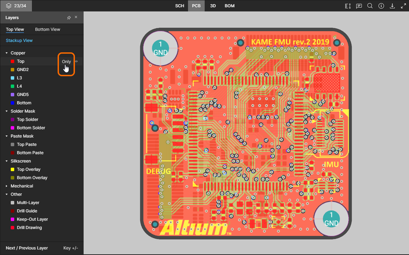 The PCB data view supports single layer mode. Here, access to the Only control is shown. Hover the mouse over the image to see the result.