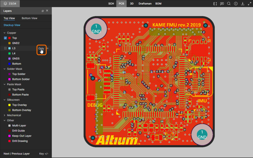 The PCB data view supports single layer mode. Here, access to the Only control is shown. Hover the mouse over the image to see the result.