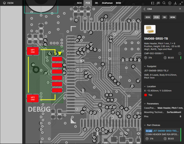 The PCB data view supports selection of components, pads, vias, track segments and nets. Here, a selected component is shown. Hover the mouse over the image to see a selected track segment.