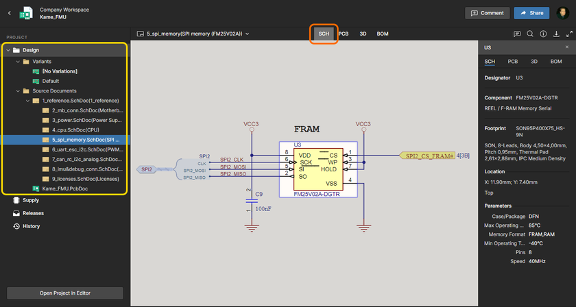 Altium 365's Web Viewer interface provides an immersive and interactive experience for reviewing, for example, the source schematic and PCB documents in your design project. Shown here is a schematic – hover over the image to see the PCB (in 3D).