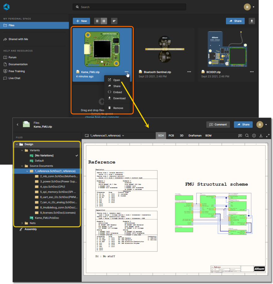 Altium 365's Web Viewer interface is used by the integrated Viewer when viewing a data snapshot that has been shared with you (or that you have uploaded to the persistent storage in your Personal Space). Shown here is a snapshot of a design project. Hover over the image to see a snapshot of Gerber data.