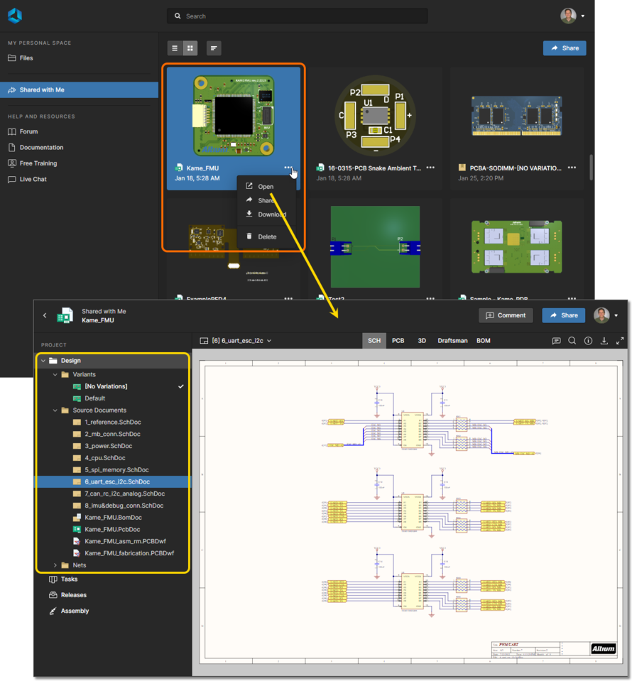 Altium 365's Web Viewer interface is used by the integrated Viewer when viewing a live design that has been shared with you.