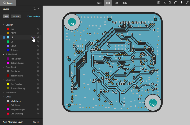 The PCB data view supports single layer mode. Here, access to the Only control and the resulting PCB view is shown.
