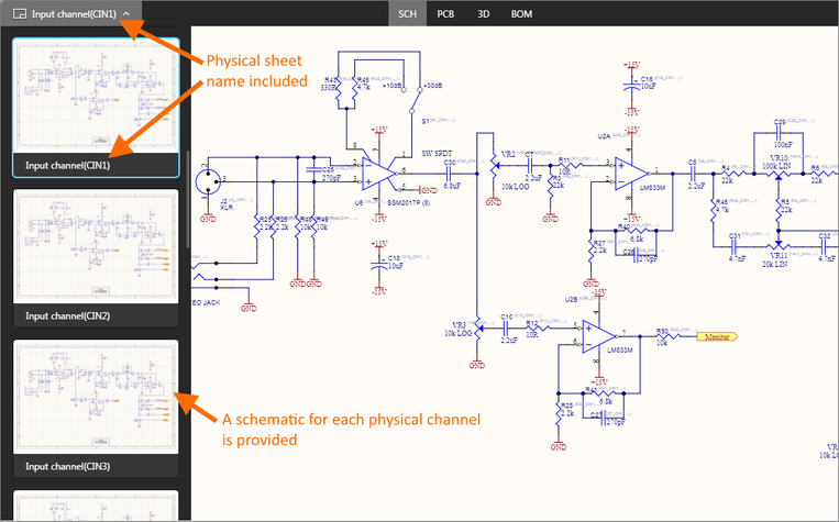 Example multi-channel design, with each physical channel being presented on a different schematic sheet.