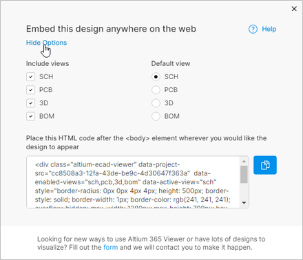 Set which views will be available in the embed code using the view options.