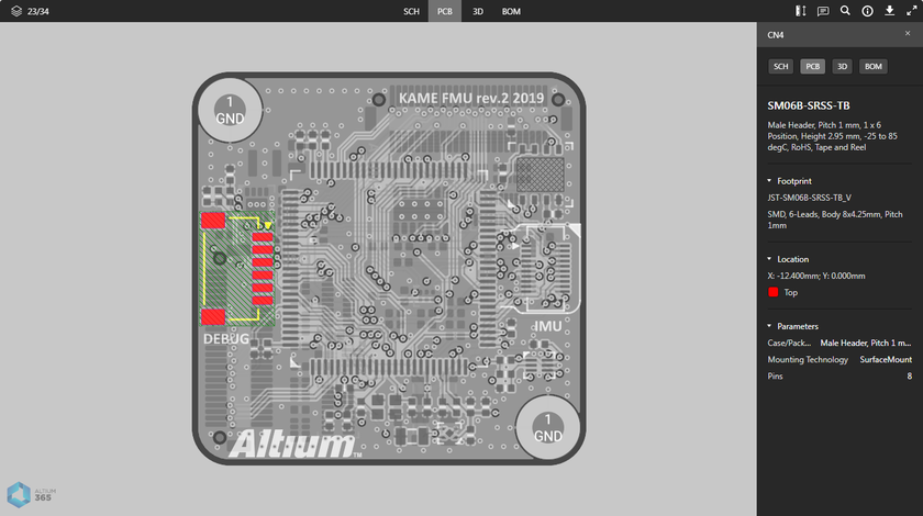 The PCB data view supports selection of components, pads, vias, track segments, and nets. Here, a selected component is shown. Hover the mouse over the image to see a selected net.