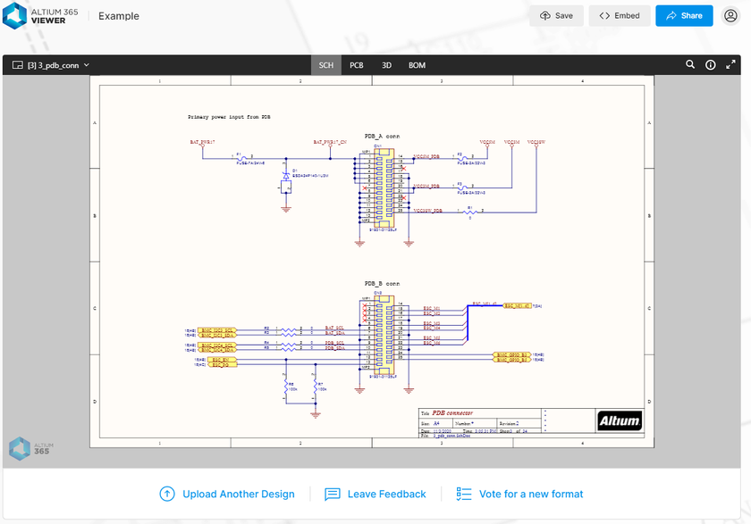 Get a feel for Altium 365 Viewer functionality with the provided example project, prior to uploading your own design or manufacturing data. Shown here is a schematic. Hover the mouse over the image to see the view of the PCB in 3D.