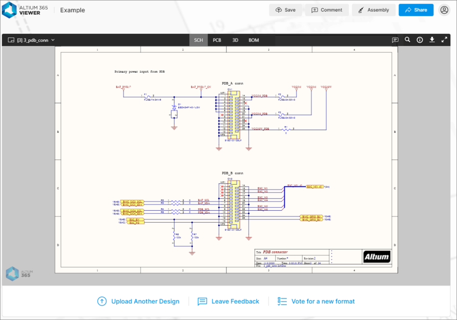 Get a feel for Altium 365 Viewer functionality with the provided example project, prior to uploading your own design or manufacturing data. Shown here is a schematic. Hover the mouse over the image to see the view of the PCB in 3D.