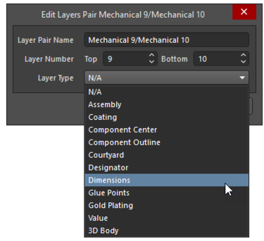 Select the Layer Type from the pre-defined list of Types; individual mechanical layers are shown on the left; Component Layer Pairs are shown in the middle and a new Component Layer on the right.