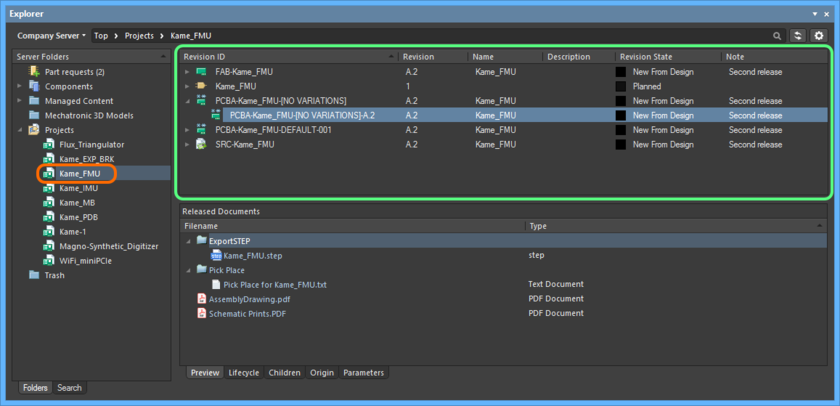 Viewing the released data for the project, directly in the managed content server, courtesy of the Explorer panel.