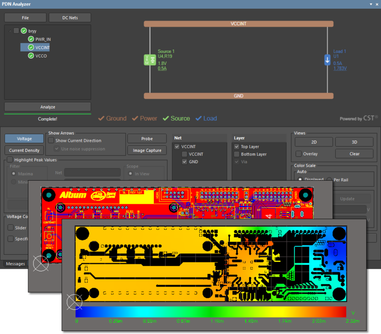 The PDN Analyzer interface shown with the Altium Designer Spirit Level example PCB, and the results of a PI-DC Voltage Drop simulation of its Top layer GND net return for the VCCINT supply.