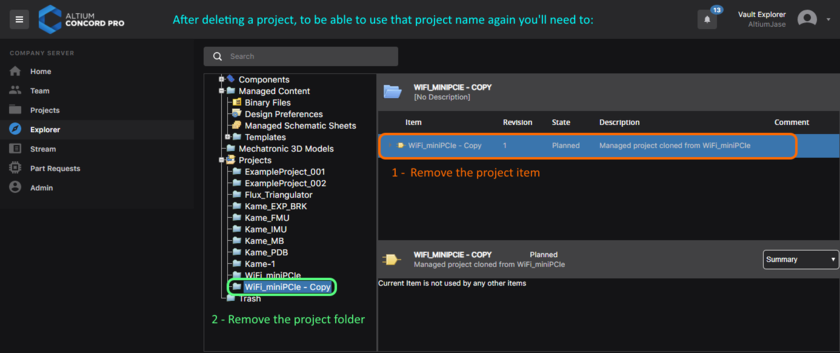 To be able to reuse a project name again, you must delete the project item for the project you have just deleted, followed by its folder.