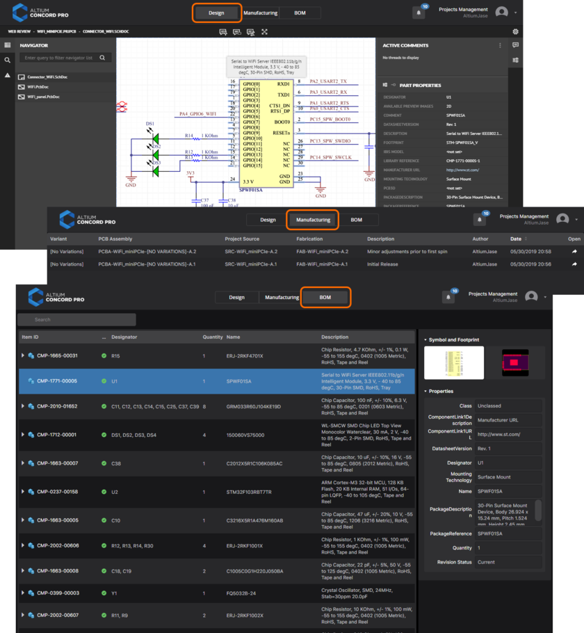 Accessing the CAD-centric Projects Management page for a project. Here, the Design, Manufacturing and BOM views of the interface are shown. The Manufacturing view provides further access to a Manufacturing Portal, from which a manufacturing Build Package can be downloaded.