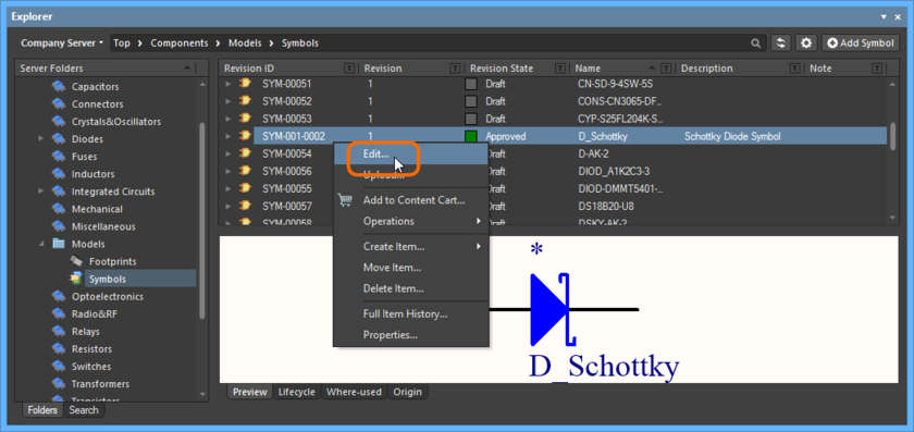 Доступ к команде для запуска прямого редактирования существующей ревизии объекта символа из панели Explorer.