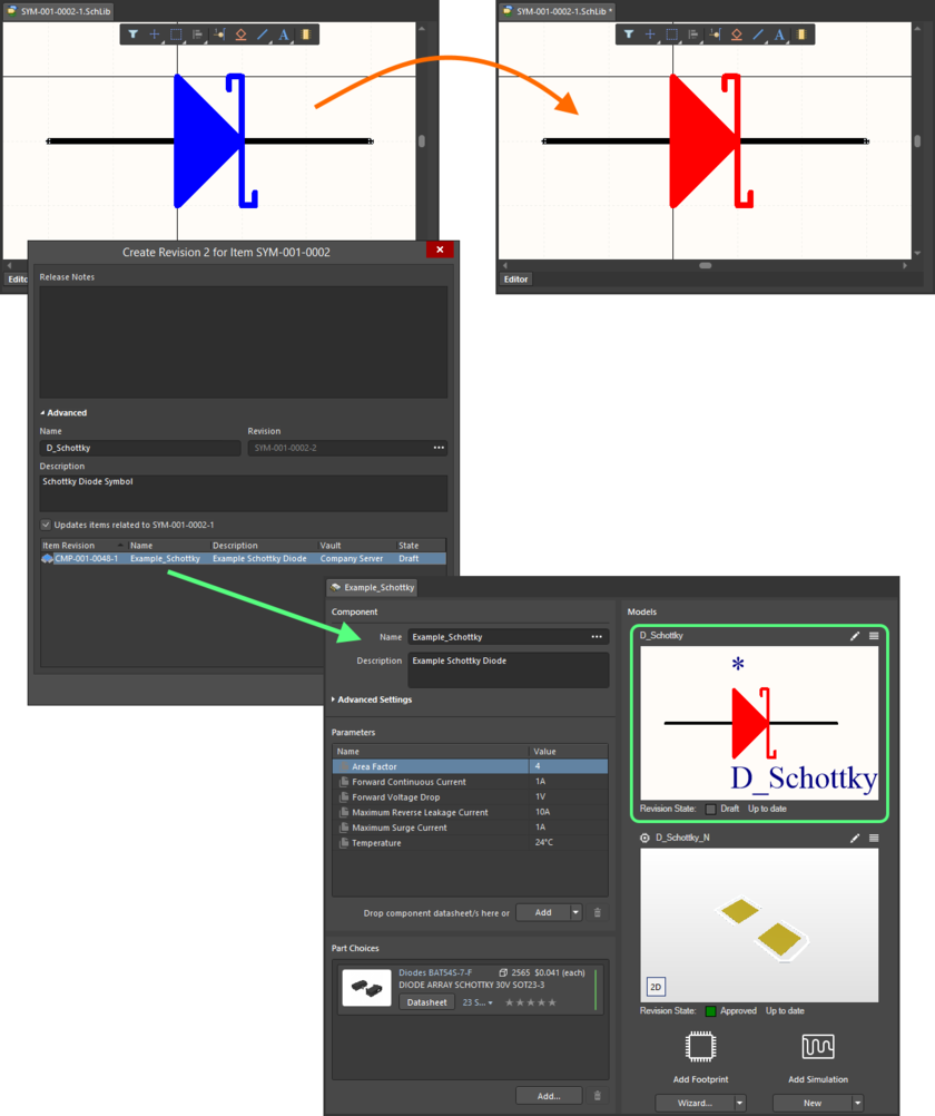Example of pushing a change made to a Symbol Item, through to a single Component Item Revision that references it.