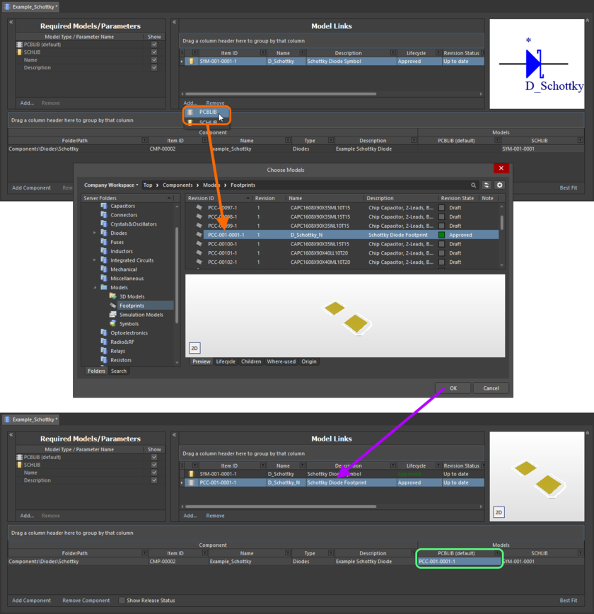 Example of referencing a revision of a Footprint Item as a model link, when direct editing a revision of a Component Item (managed component) using the Component Editor in its Batch Component Editing mode.