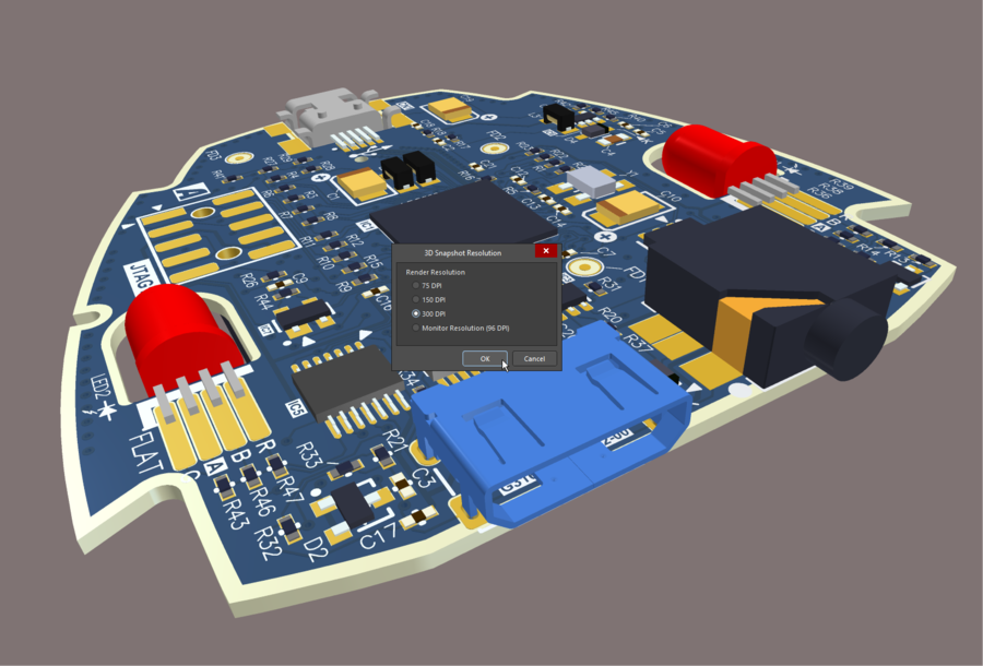 Press Ctrl+C in 3D view mode to capture a high resolution image of the board