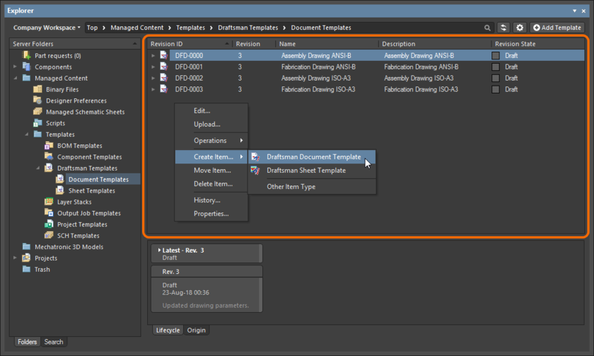Right-click within the Item region of the Explorer panel to access commands relating to Item creation.