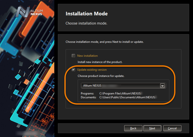 Choose to update an existing instance of Altium NEXUS during installation of a later version of the software.