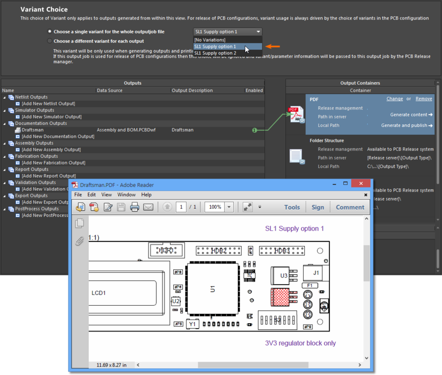 Настройка OutJob для отображения параметров вариантов при выводе документа Draftsman в PDF