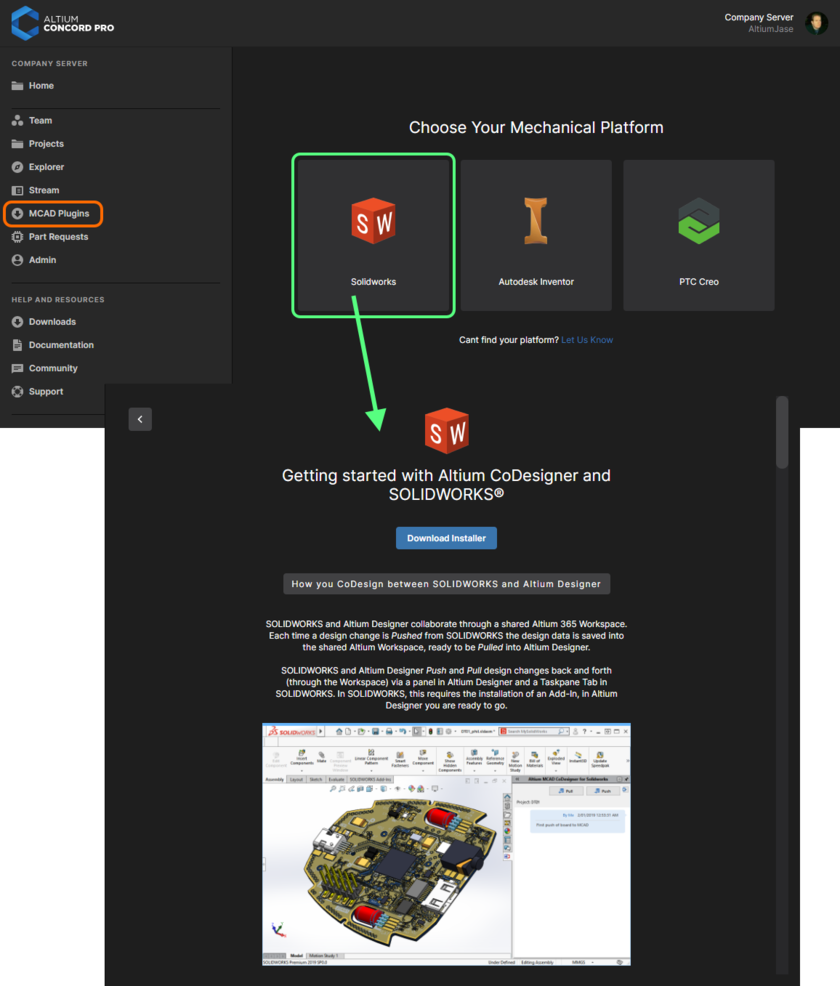 The MCAD Plugins page, with subsequent page shown for the SOLIDWORKS MCAD platform.