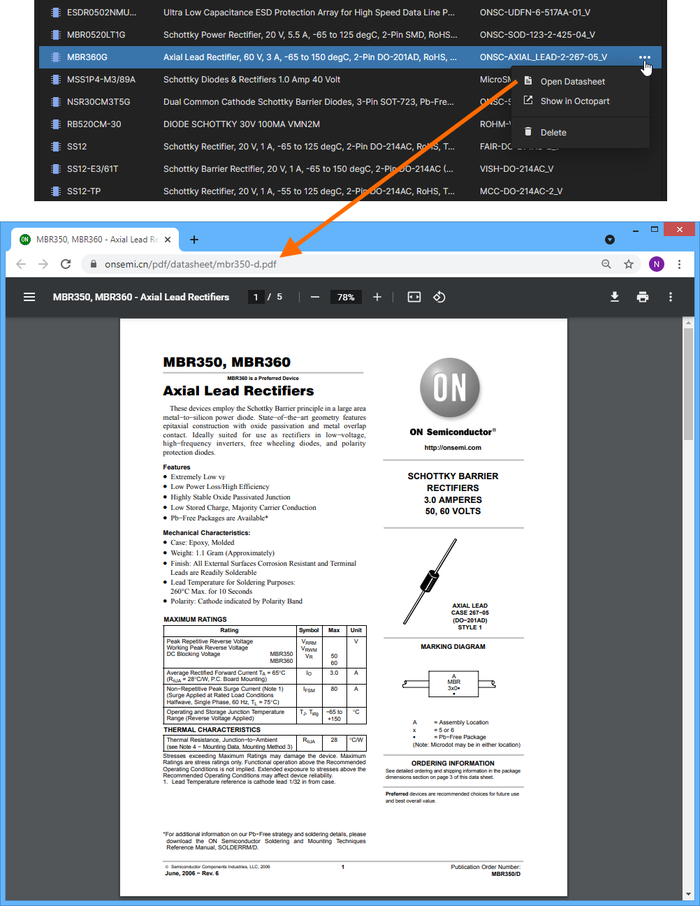 Quickly access the manufacturer datasheet for the selected component, which opens on a separate browser tab.