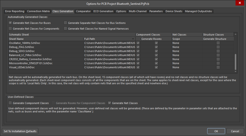 The Class Generation tab of the Project Options dialog