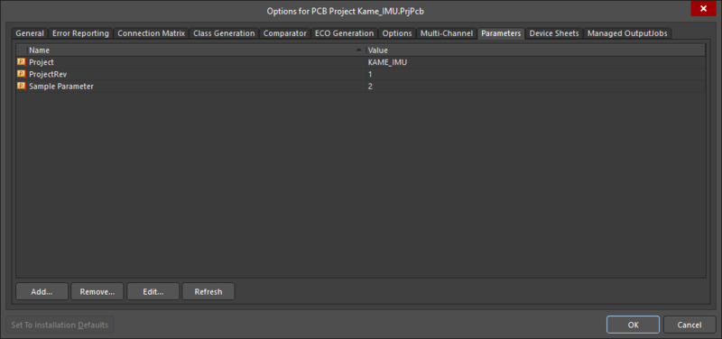 The Parameter tab of the Project Options dialog.
