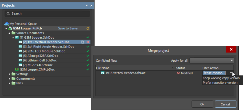 When your local version of the project is older than the version in the Personal Space, it can be updated to match using the Merge project dialog.
