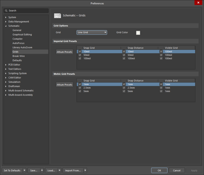 Use the Schematic – Grids page of the Preferences dialog to define the snap grid settings.