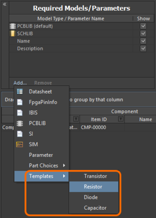 Access parameter templates from the menu associated to the region's Add control.