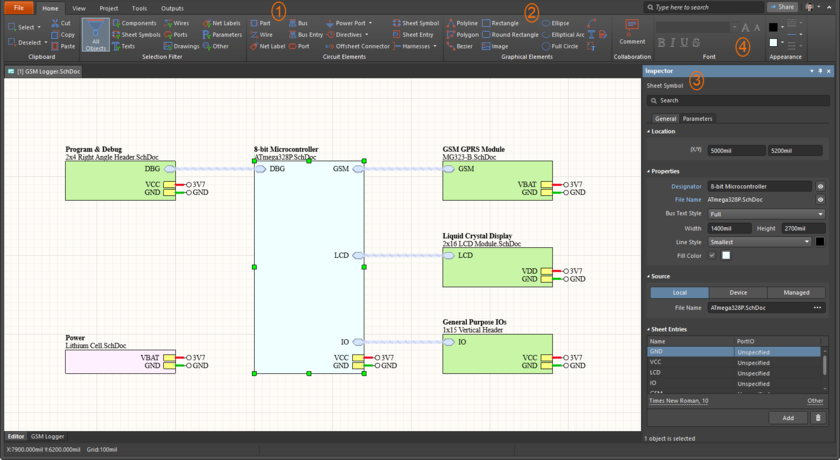 Use the schematic editor's objects and configure their properties to form the schematic sheets of your design.