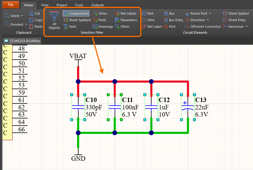 Configure the Selection Filter to define which objects can be selected on schematic sheets.