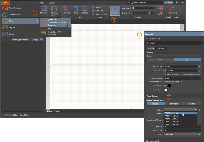 Create a new schematic sheet and configure it in the Inspector panel.