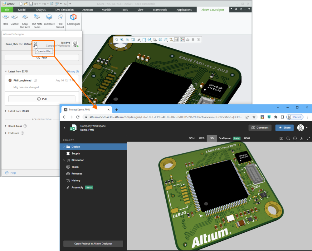 Click the Open in Web button in your MCAD software to open the ECAD version of the PCB in your preferred web browser, then use the UI features to explore the design in more detail.