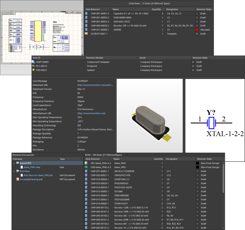 Data presented in the Item view for the revisions of three different Item types - Managed Schematic Sheet Item (top), Component Item (middle), and PCB Assembly Data Item (bottom).