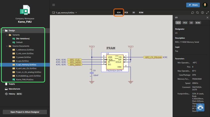 Интерфейс Web Viewer Altium 365 обеспечивает интерактивный просмотр, например, исходных документов схем и плат проекта. Здесь показана схема – наведите курсор мыши на изображение, чтобы увидеть плату (в 3D).