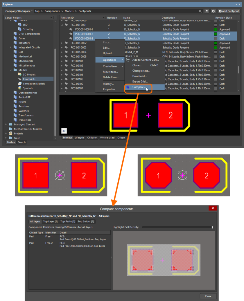 Example comparison of two revisions of a Footprint Item. The source libraries are not opened in the workspace - previews of the footprints are included here to show the differences that actually exist.