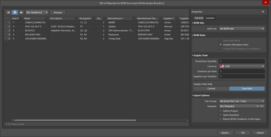 Bill of Materials Report Manager dialog