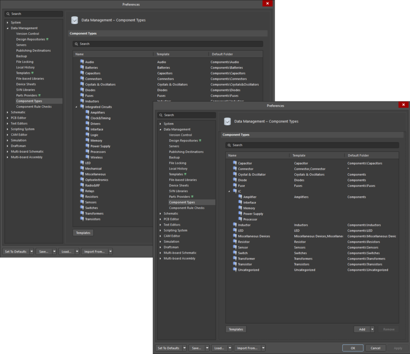 The two iterations of the Data Management - Component Types page of the Preferences dialog; on the left, an iteration in which you are signed into an Altium 365 Workspace, and on the right, an iteration in which you are signed in to an on-premise self-managed server. 
