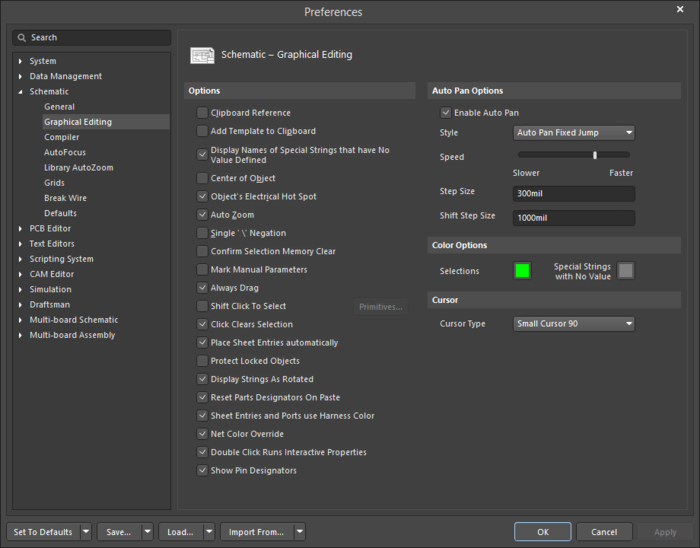 The Schematic – Graphical Editing page of the Preferences dialog