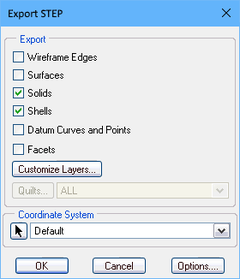PTC Creo Export STEP dialog, configuring for STEP export