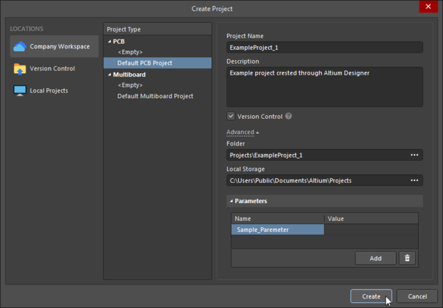 Setting up the Create Project dialog to create a new managed project from within Altium NEXUS. Note that the Advanced options will be appropriate by default.
