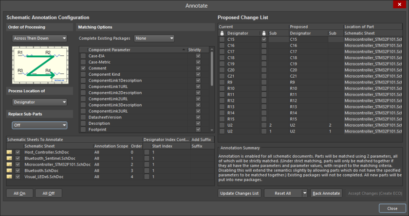 The Annotate dialog is launched from the Annotate Schematics command.