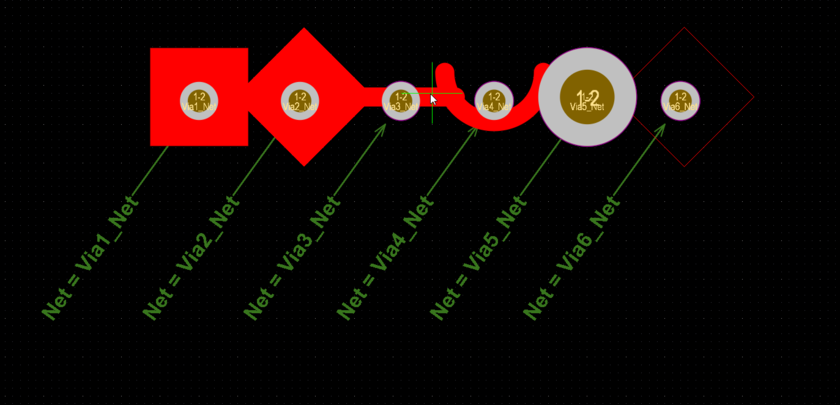 The net assigned to the highest priority object is assigned to the set of the physically connected objects. Shown here is a set of connected objects (from left to right: Fill, Region, Track, Arc, Via, and Polygon Pour) pasted over objects (vias) with different nets assigned. Since the fill is the object of highest priority in this pasted set, the net assigned to it (Via1_Net) will be assigned to each object in this set. Hover the cursor over the image to see the result.