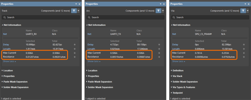 The Max Current and Resistance values are now provided in Track, Arc, and Via modes of the Properties panel.