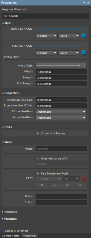 The Angular Dimension settings in the Preferences dialog, and the Angular Dimension mode of the Properties panel