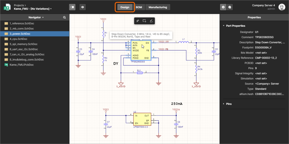 The Design view utilizes Altium's Web Review functionality to provide an immersive and interactive experience for reviewing the source schematic and PCB documents in your design project. Shown here is a schematic – hover over the image to see the PCB.