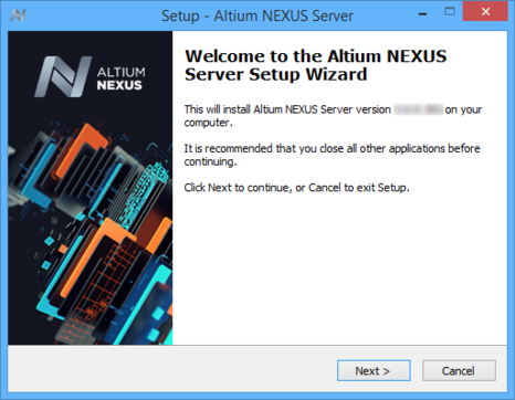 Initial welcome page for the Altium NEXUS Server Setup wizard.