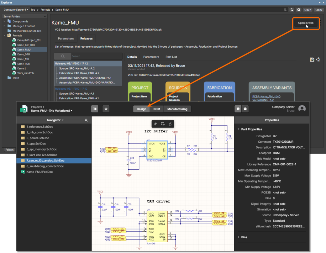 Accessing the CAD-centric Projects Management page for a project from Altium Designer's Explorer panel. Web Review functionality is presented through the page's Design view.